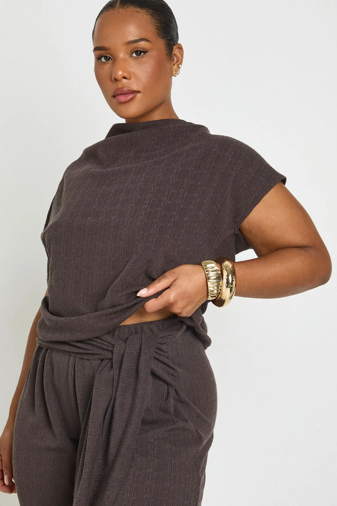Ensemble Top Ample Épaules Dénudées & Pantalon Large À Taille Nouée