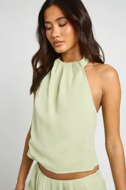 Ensemble Top Dos Nu Plissé Col Licou Et Pantalon Large En Mousseline
