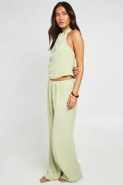 Ensemble Top Dos Nu Plissé Col Licou Et Pantalon Large En Mousseline