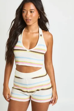 boohoo Ensemble Top à Rayures au Crochet avec Encolure Dos-nu et Short<Femme Tenues De Plage|Pulls Et Gilets