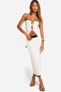boohoo Ensemble tricoté bandeau et jupe en tissu éponge avec liseré contrastant<Femme Pulls Et Gilets|Toutes Les Mailles