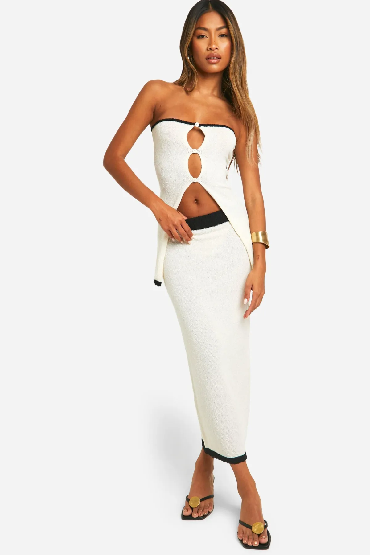 boohoo Ensemble tricoté bandeau et jupe en tissu éponge avec liseré contrastant<Femme Pulls Et Gilets|Toutes Les Mailles
