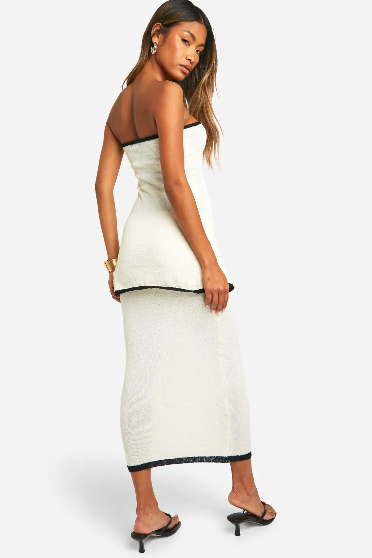 boohoo Ensemble tricoté bandeau et jupe en tissu éponge avec liseré contrastant<Femme Pulls Et Gilets|Toutes Les Mailles