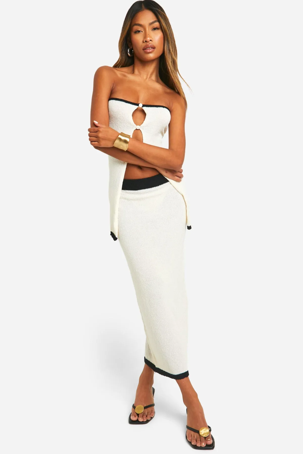 boohoo Ensemble tricoté bandeau et jupe en tissu éponge avec liseré contrastant<Femme Pulls Et Gilets|Toutes Les Mailles