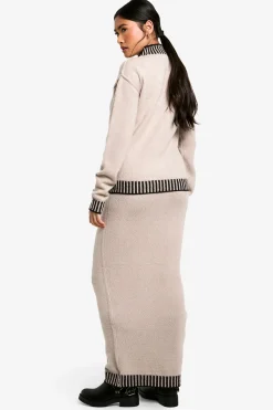 boohoo Ensemble tricoté coordonné premium : pull à bord contrasté et jupe maxi<Femme Pulls Et Gilets|Toutes Les Mailles