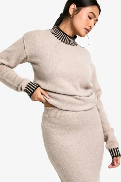 boohoo Ensemble tricoté coordonné premium : pull à bord contrasté et jupe maxi<Femme Pulls Et Gilets|Toutes Les Mailles