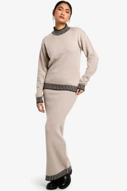 boohoo Ensemble tricoté coordonné premium : pull à bord contrasté et jupe maxi<Femme Pulls Et Gilets|Toutes Les Mailles