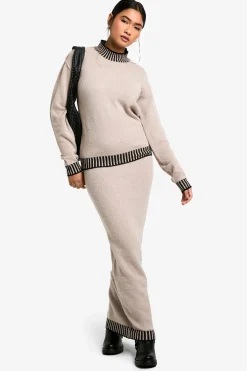 boohoo Ensemble tricoté coordonné premium : pull à bord contrasté et jupe maxi<Femme Pulls Et Gilets|Toutes Les Mailles