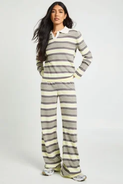 Ensemble Tricoté Tall Haut À Col Ouvert Rayé À Manches Longues Et Pantalon