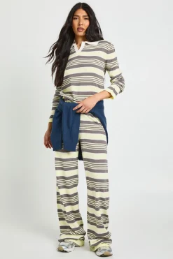 Ensemble Tricoté Tall Haut À Col Ouvert Rayé À Manches Longues Et Pantalon