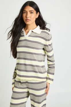 Ensemble Tricoté Tall Haut À Col Ouvert Rayé À Manches Longues Et Pantalon