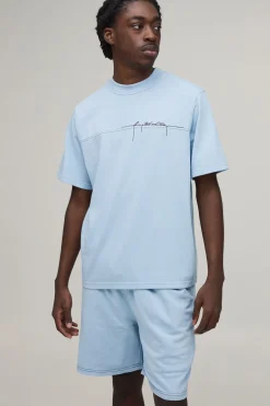 Ensemble T-shirt Brodé À Coutures Contrastées En Molleton Bouclette Et Short Coupe Regular