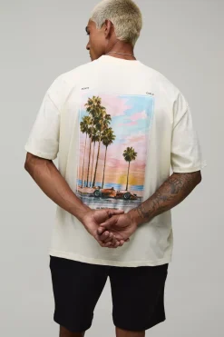 Ensemble T-shirt Col Étendu Oversize Imprimé Voiture De Sport Et Palmier Avec Short