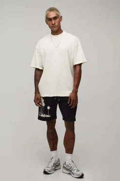 Ensemble T-shirt Col Étendu Oversize Imprimé Voiture De Sport Et Palmier Avec Short