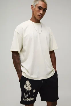 Ensemble T-shirt Col Étendu Oversize Imprimé Voiture De Sport Et Palmier Avec Short