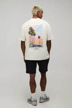 Ensemble T-shirt Col Étendu Oversize Imprimé Voiture De Sport Et Palmier Avec Short