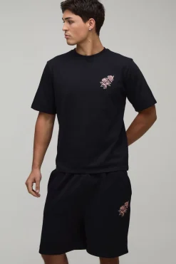 Ensemble T-shirt Coupe Regular Brodé De Roses Et Short Coupe Regular