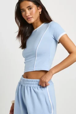 Ensemble T-shirt Court À Passepoil Contrasté Et Jogger Droit À Jambes Larges