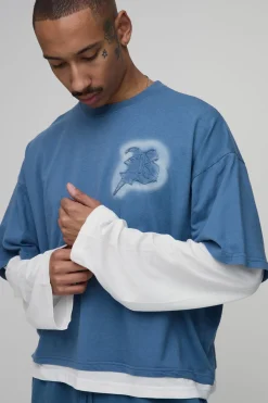 boohooMAN Ensemble T-shirt Effet Superposé Avec Appliqué B Et Short Aspect Délavé Coupe Boxy Oversize<Homme Ensembles|Survêtements