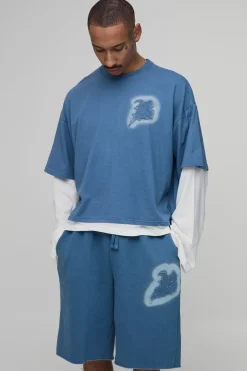 boohooMAN Ensemble T-shirt Effet Superposé Avec Appliqué B Et Short Aspect Délavé Coupe Boxy Oversize<Homme Ensembles|Survêtements