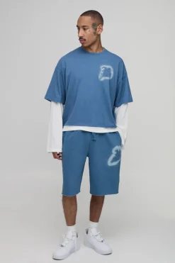 boohooMAN Ensemble T-shirt Effet Superposé Avec Appliqué B Et Short Aspect Délavé Coupe Boxy Oversize<Homme Ensembles|Survêtements
