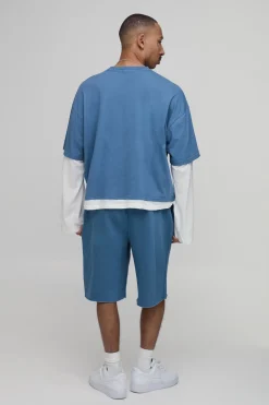 boohooMAN Ensemble T-shirt Effet Superposé Avec Appliqué B Et Short Aspect Délavé Coupe Boxy Oversize<Homme Ensembles|Survêtements