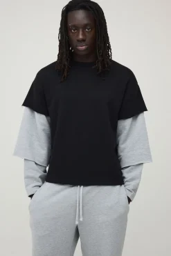 boohooMAN Ensemble T-shirt Et Jogger Oversize Ample À Triple Fausse Manche En Molleton Bouclette<Homme Ensembles|Survêtements