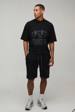 Ensemble T-shirt et short oversize imprimé à motif gaufre style varsity