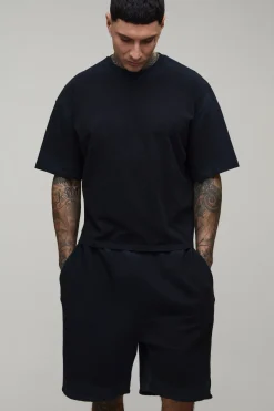 Ensemble T-shirt Et Short Oversize Rétréci Avec Lavage Spray Aux Coutures Pour Grande Taille
