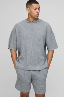 Ensemble T-shirt et shorts tricotés à côtes, coupe boxy