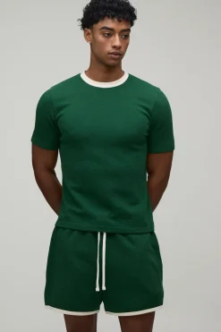 Ensemble T-shirt Gaufré Ajusté Ample À Bords Contrastés & Short Cycliste