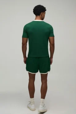 Ensemble T-shirt Gaufré Ajusté Ample À Bords Contrastés & Short Cycliste