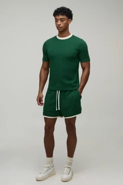 Ensemble T-shirt Gaufré Ajusté Ample À Bords Contrastés & Short Cycliste
