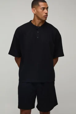 boohooMAN Ensemble T-shirt Henley Gaufré Oversize Ample & Short Baggy<Homme Ensembles|Survêtements