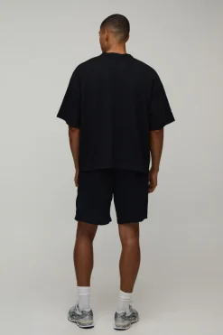 boohooMAN Ensemble T-shirt Henley Gaufré Oversize Ample & Short Baggy<Homme Ensembles|Survêtements