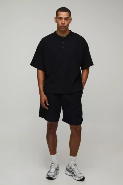 boohooMAN Ensemble T-shirt Henley Gaufré Oversize Ample & Short Baggy<Homme Ensembles|Survêtements