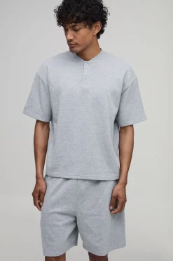 Ensemble T-shirt Henley Gaufré Oversize Ample & Pantalon De Détente Baggy