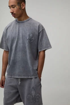 Ensemble T-shirt Oversize Et Short Baggy À Appliqué Fleur De Lys Gothique Délavé
