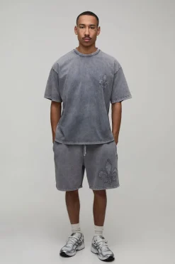 Ensemble T-shirt Oversize Et Short Baggy À Appliqué Fleur De Lys Gothique Délavé