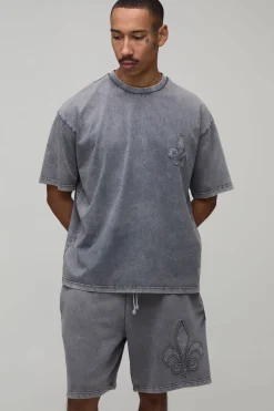 Ensemble T-shirt Oversize Et Short Baggy À Appliqué Fleur De Lys Gothique Délavé