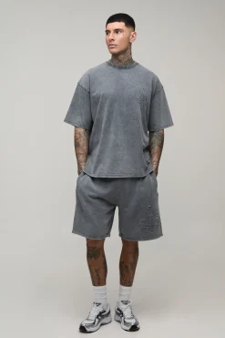 boohooMAN Ensemble T-shirt Oversize Gothique À Appliqué Fleur De Lys Délavé Et Short Ample Pour Grand<Homme Tout Afficher|Survêtements