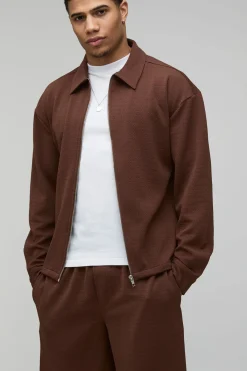 boohooMAN Ensemble Veste Harrington Zippée Regular En Jersey Chevron Et Pantalon Baggy<Homme Nouveautés Grande Taille|Ensembles Grandes Tailles