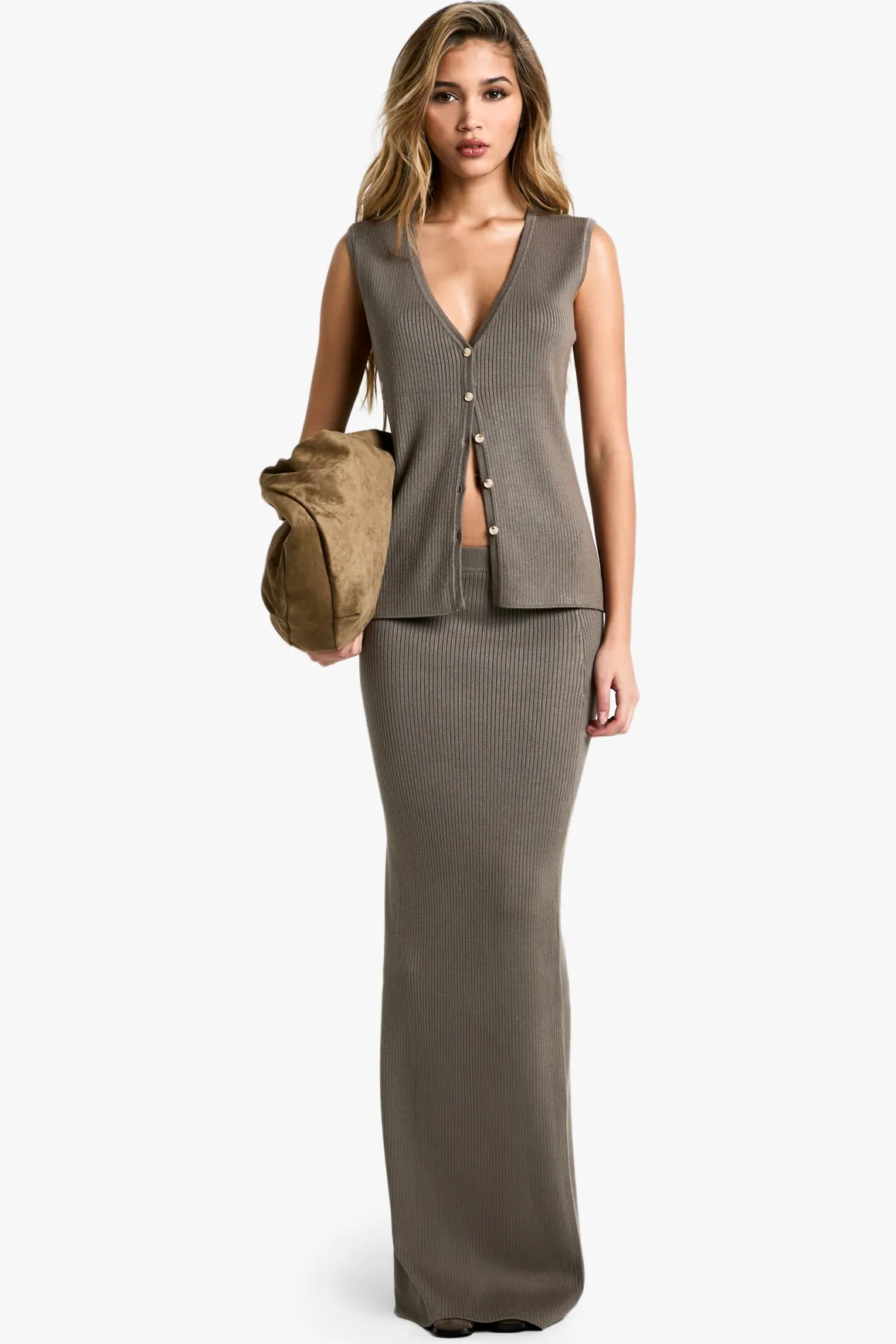 Ensemble Veste Longue Tricotée en Côtes et Jupe Maxi