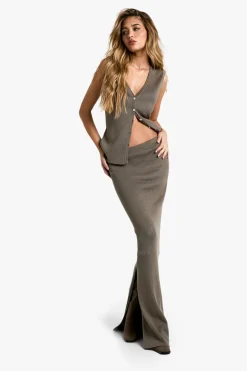 Ensemble Veste Longue Tricotée en Côtes et Jupe Maxi
