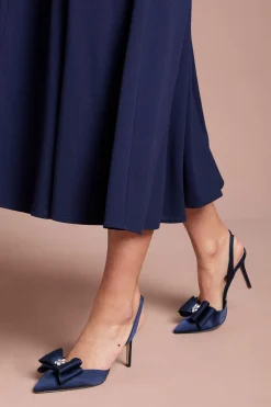 Escarpins à Bride Arrière Collette en Satin avec Nœud Orné de Cristaux et Talon Haut