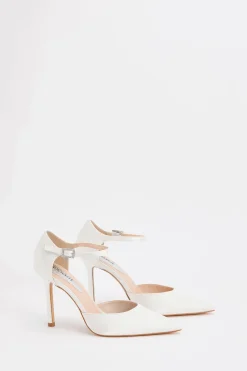 Escarpins De Mariée Megan En Satin À Boucle Ornée De Strass, Bride Bipartite Et Talon Aiguille Haut À Bout Pointu