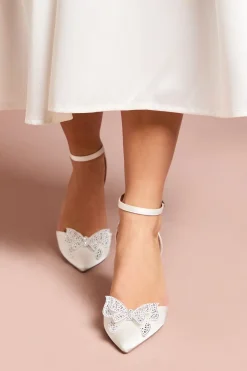 Escarpins de Mariée Poppy en Satin avec Ornement Papillon en Strass et Talon Aiguille Haut Pointu