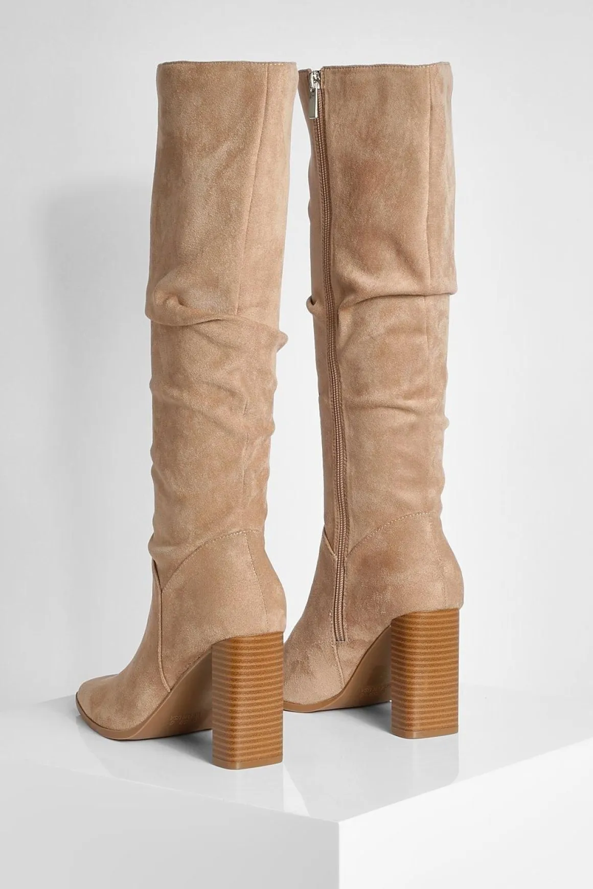 Faux Suede Ruched Block Heel Knee High Boot