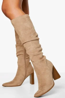 Faux Suede Ruched Block Heel Knee High Boot
