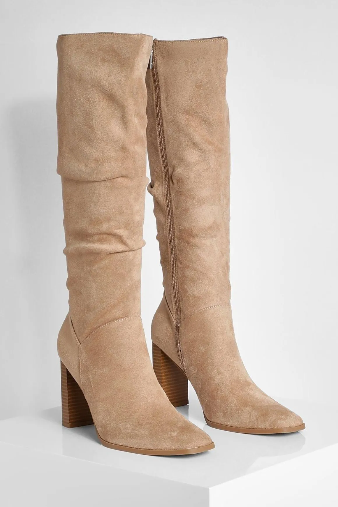 Faux Suede Ruched Block Heel Knee High Boot